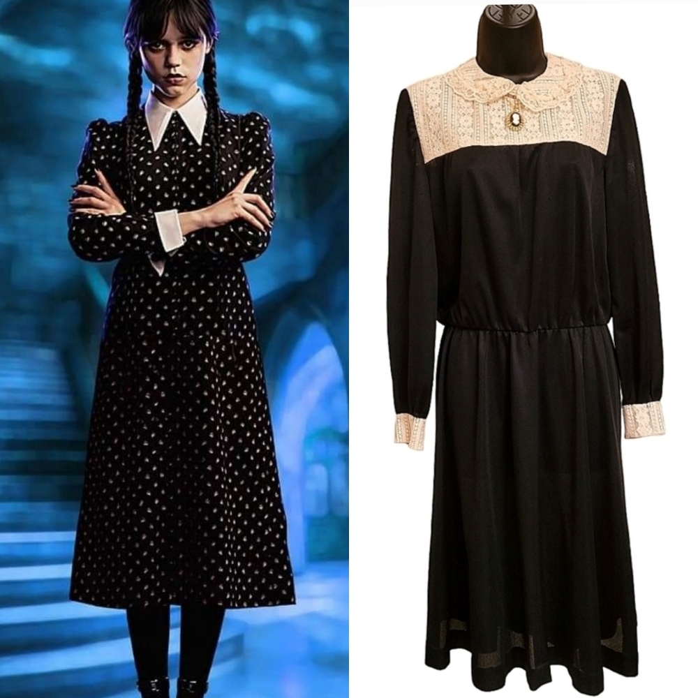 Wednesday Addams Alternative 1970's Handmade Creme‎ Lace Black Dress